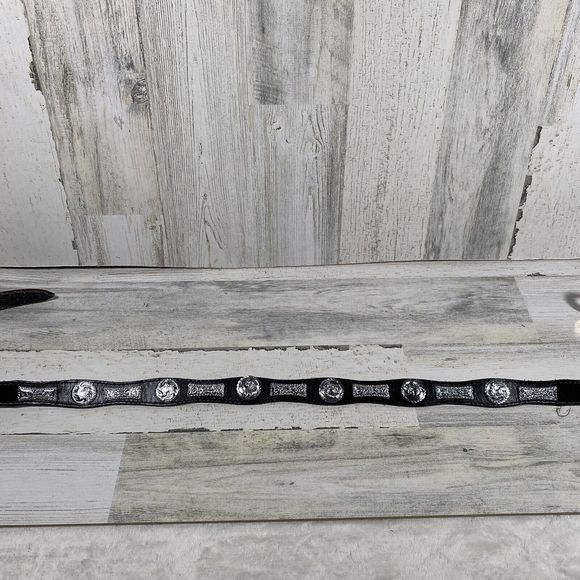 Don Cuco's Boots Black Leather Belt Rodeo Belt Silver Metal Emblems Accents - Picture 4 of 9
